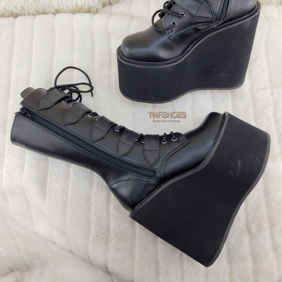 Swing 220 Multi Buckle Black Matte Leatherette Goth Mid-Calf Boot 5.5" Platforms - Picture 11 of 13